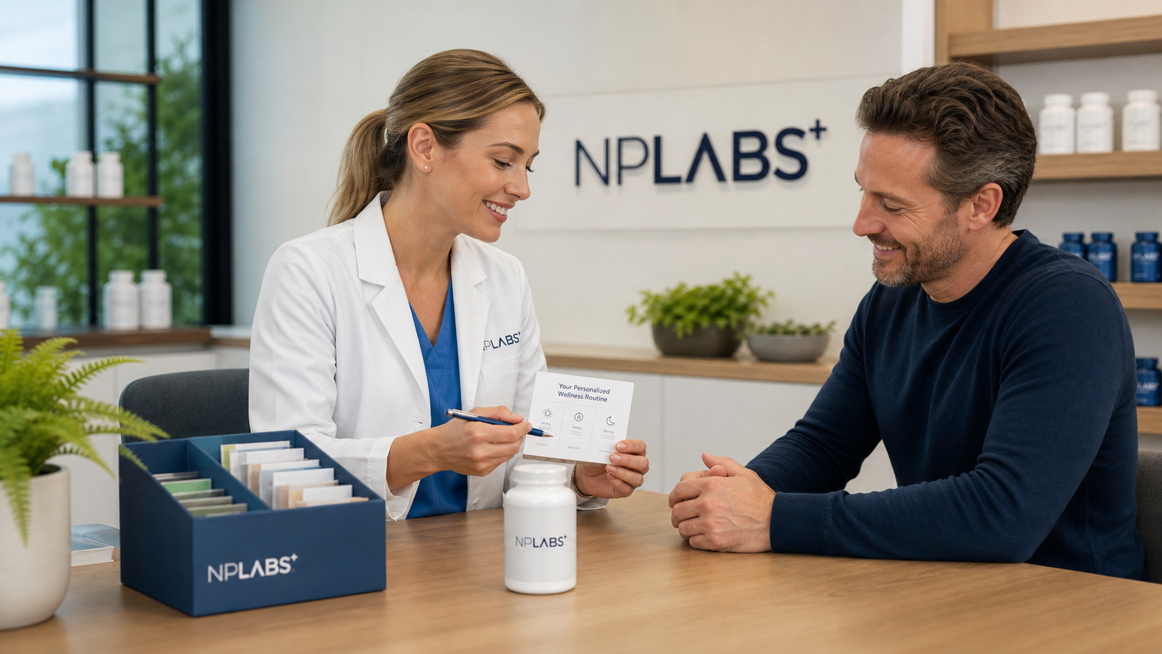 NPLabs pharmacist helping a patient review a personalized supplement routine