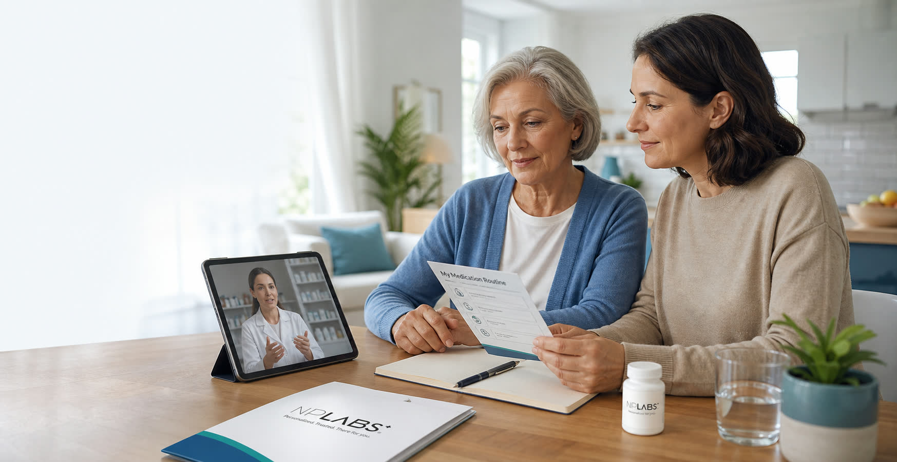 Patient and caregiver reviewing a medication routine with pharmacy support