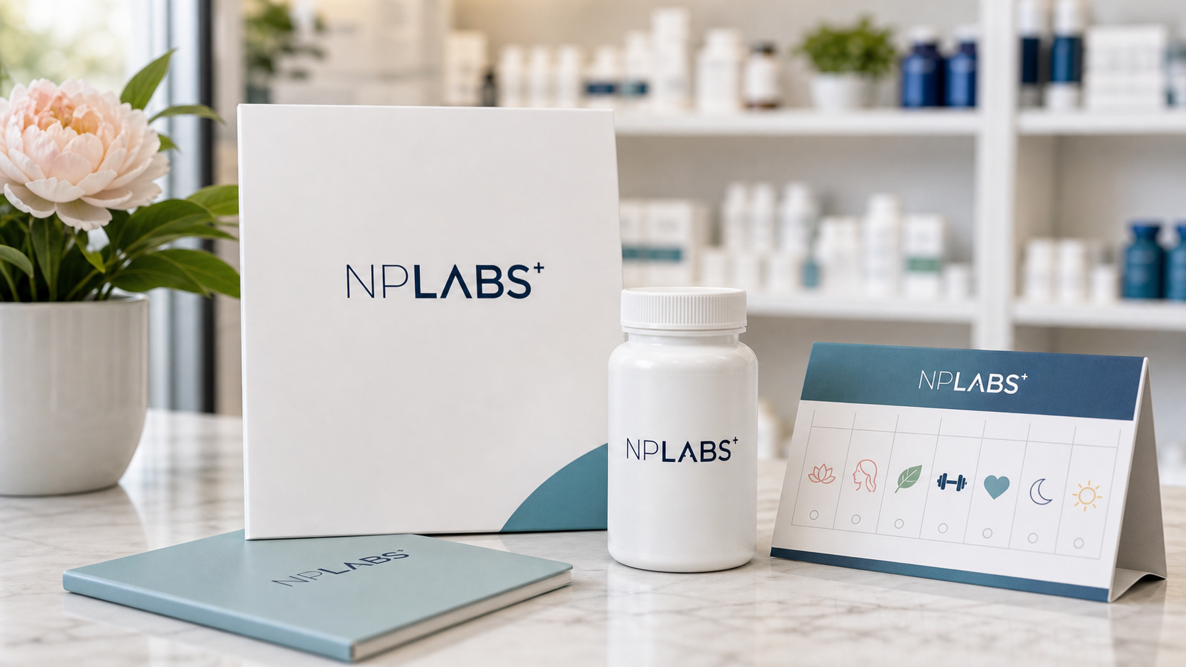 NPLabs women's health support folder, bottle, and planning materials